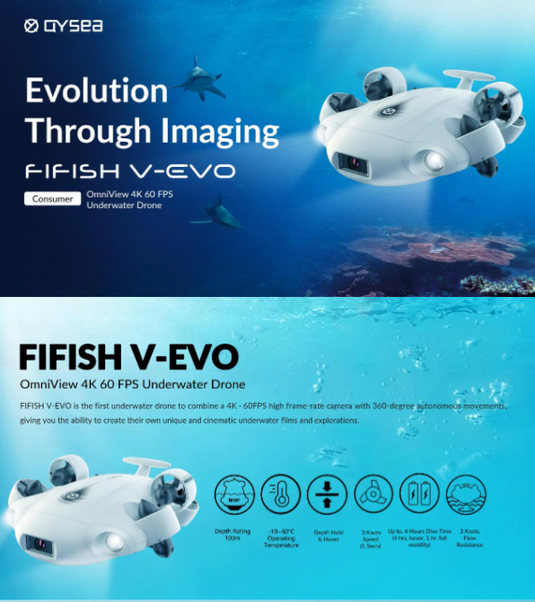 QYSEA Fifish V-EVO ARM 4K Underwater Drone Kit – Intelligent Tracking, Cinematic Control & Precision Grasping Power