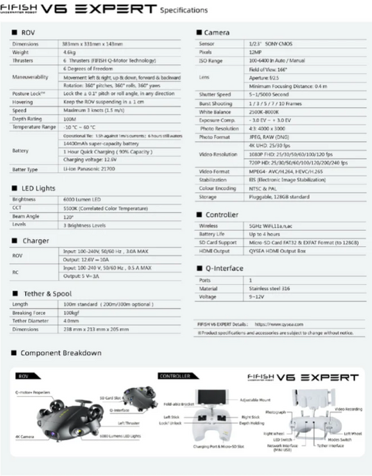 QYSEA FIFISH V6 Expert M100 Underwater Drone – Immersive 4K Vision & Precision Navigation for Serious Marine Work