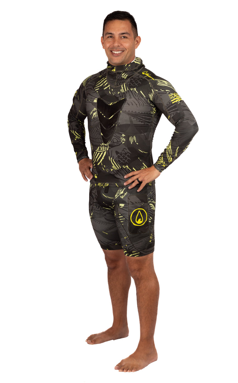 Load image into Gallery viewer, Lime Fishbone Hooded Spearfishing Rashguard
