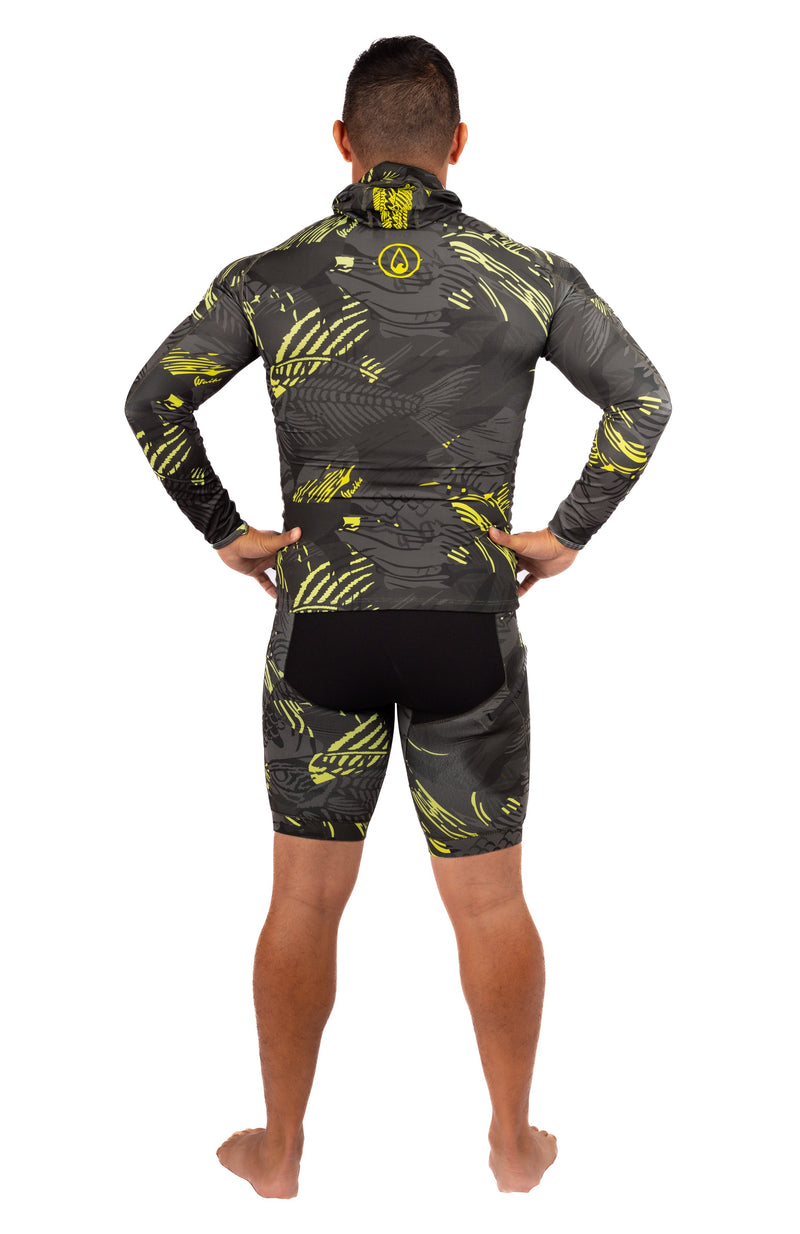 Load image into Gallery viewer, Lime Fishbone Hooded Spearfishing Rashguard
