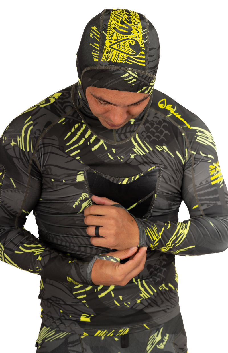 Load image into Gallery viewer, Lime Fishbone Hooded Spearfishing Rashguard
