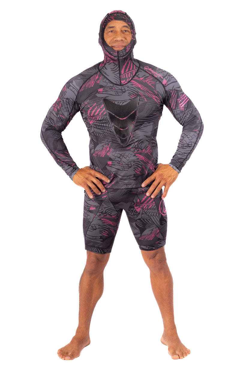 Load image into Gallery viewer, Pink Fishbone Hooded Spearfishing Rashguard
